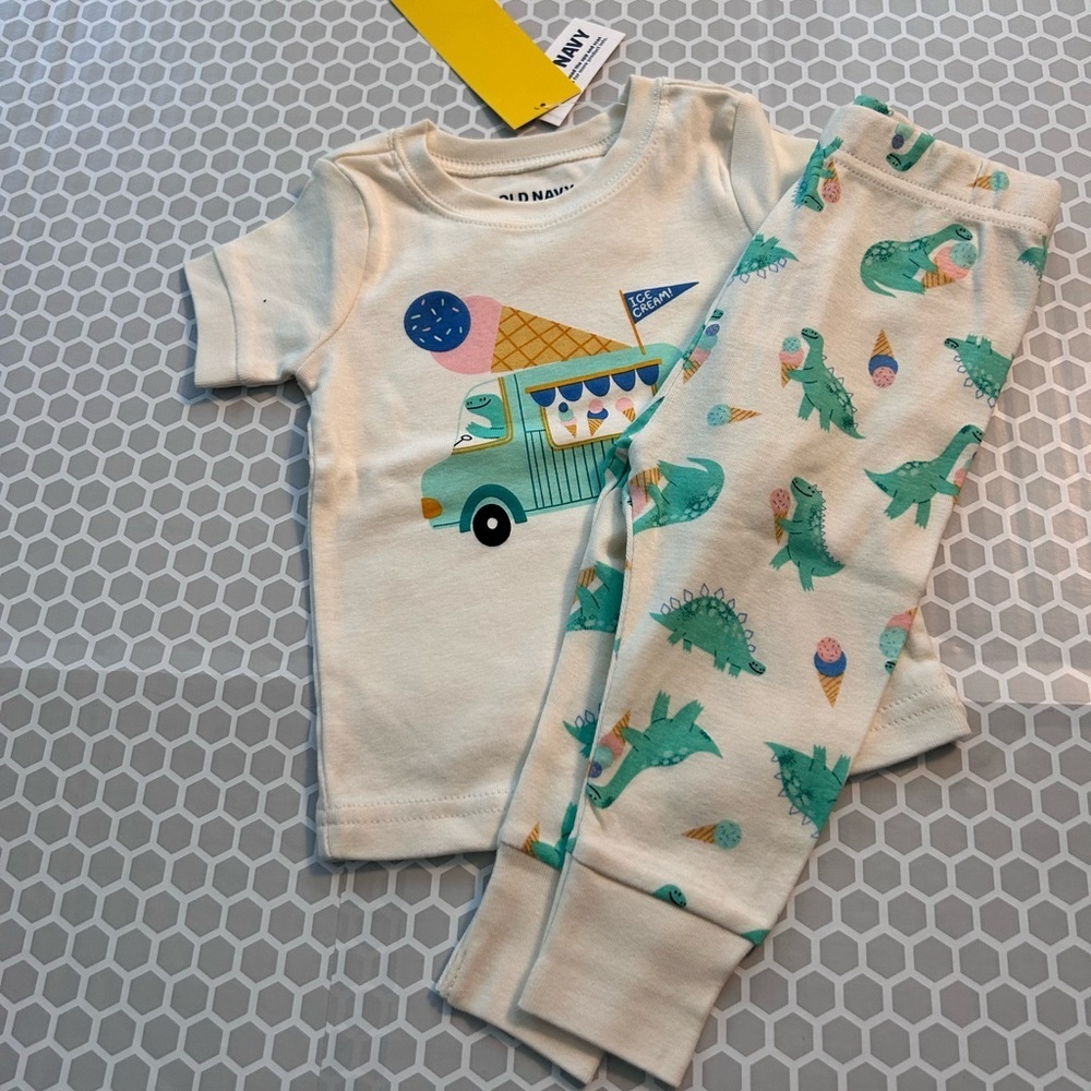 NWT Old Navy Cream Pajama Set Teal Dinosaur & Pink Ice Cream Accents Size 6-12M